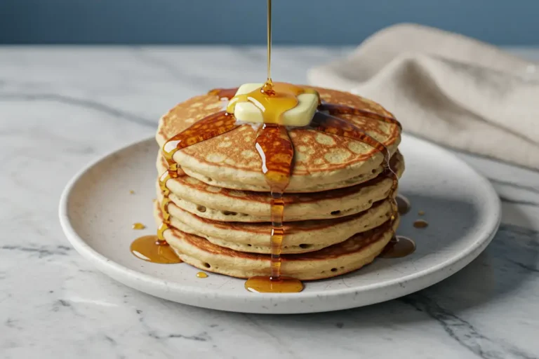 Close-up top-down view of a stack of fluffy, golden-brown Greek Yogurt Pancakes on a white plate with subtle wear, topped with melting butter and drizzled maple syrup, looking natural and home-prepared on a marble surface.