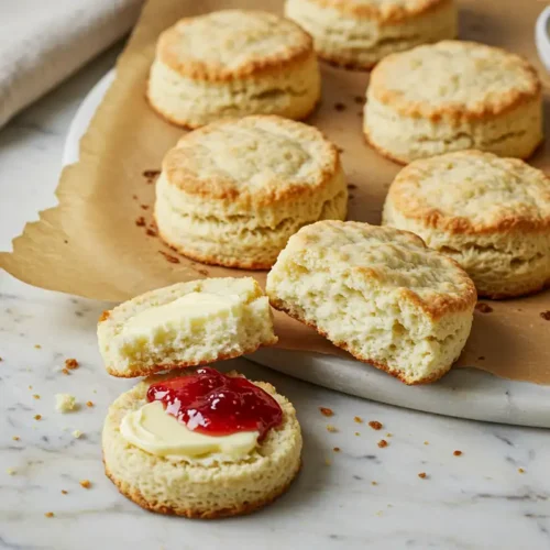Close-up top-down view of finished golden-brown Greek Yogurt Biscuits (cut rounds/drop style) resting closely together on parchment/plate with subtle wear, showing their fluffy tops, looking natural and home-prepared on a marble surface.