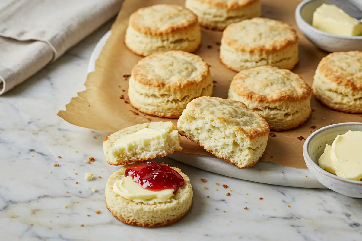 Close-up top-down view of finished golden-brown Greek Yogurt Biscuits (cut rounds/drop style) resting closely together on parchment/plate with subtle wear, showing their fluffy tops, looking natural and home-prepared on a marble surface.