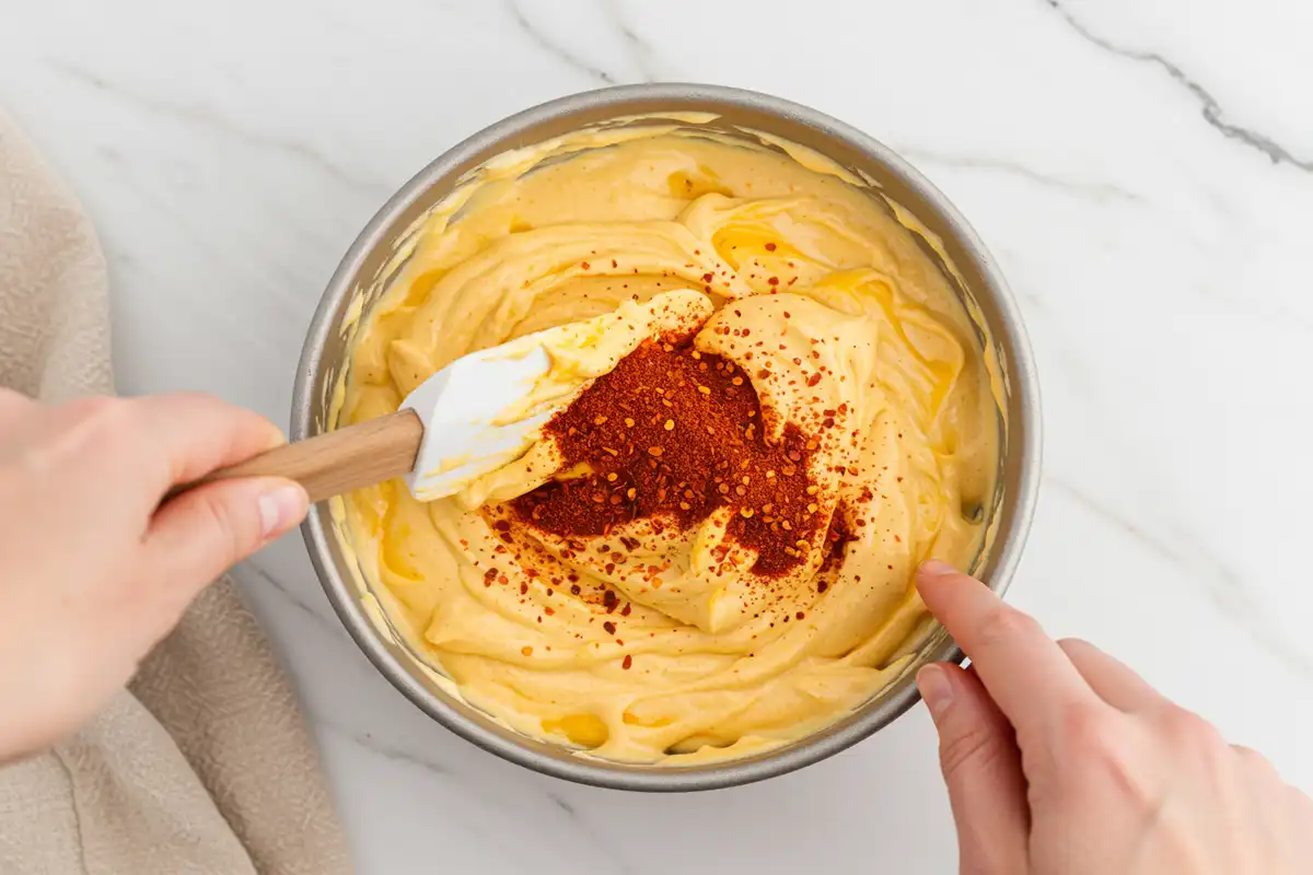 Top-down extreme close-up showing chili lime seasoning and cayenne pepper particles being gently folded into a creamy pale orange mango ice cream base with a spatula, creating visible streaks.