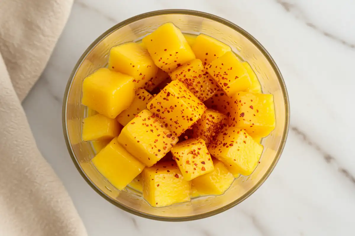 Extreme close-up overhead view of freshly diced ripe mango cubes in a cup, glistening slightly and generously sprinkled with reddish Tajin seasoning, on a light marble background.