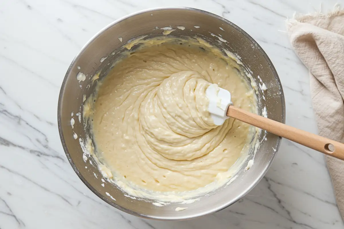 Close-up top-down view of muffin batter with Greek yogurt being gently mixed in a large bowl with subtle wear, showing a thick, slightly lumpy texture with faint streaks remaining, reflecting the 'don't overmix' advice, natural home-cooked feel.