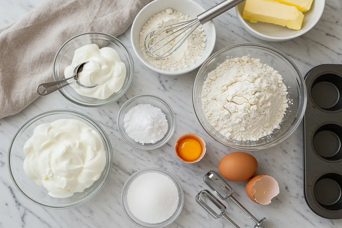 Close-up top-down view of ingredients for baking with Greek yogurt (muffin example): thick Greek yogurt, flour, butter, sugar, eggs in bowls on a light marble surface with subtle wear, looking natural and home-prepared.
