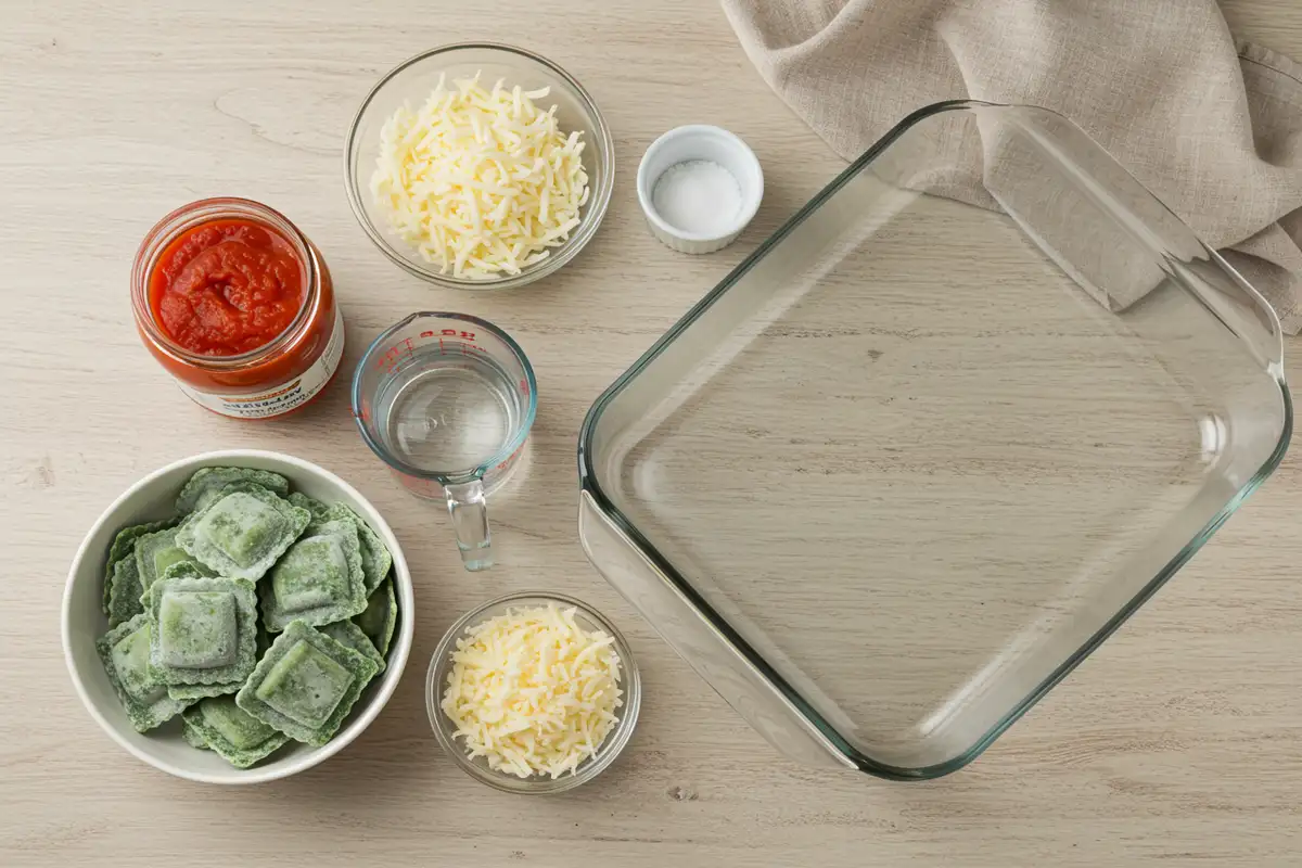 Close-up top-down view of prepped Baked Spinach Ravioli ingredients: frozen ravioli, jar of marinara, shredded mozzarella, grated Parmesan, arranged near a 9x13 dish on a wooden surface with subtle wear, looking natural and home-prepared.