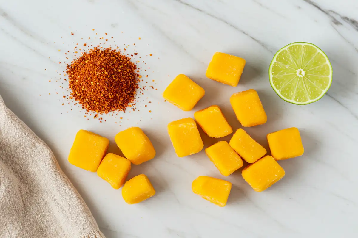 Overhead extreme close-up of Mango Tajin Ice Cream ingredients: vibrant frozen mango chunks, reddish Tajin seasoning powder, and half a fresh lime arranged on a light marble surface with beige cloth.