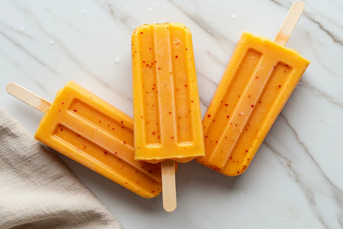 Overhead extreme close-up of vibrant orange Mango Tajin Popsicles showing frosty texture and embedded reddish Tajin flecks, resting on a light marble surface with beige cloth.