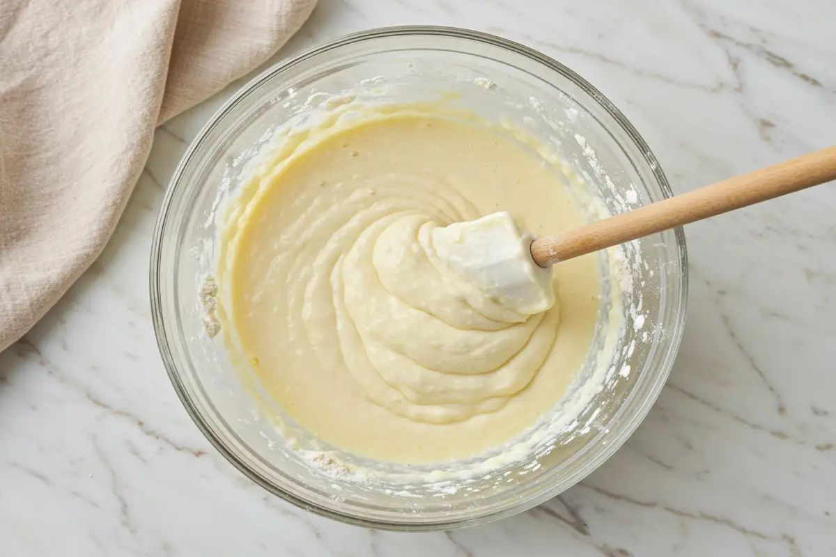 Close-up top-down view of Greek Yogurt Pancake batter being gently mixed in a large bowl with subtle wear, showing a lumpy texture with streaks of flour, reflecting the 'do not overmix' instruction, with a natural, home-cooked feel.