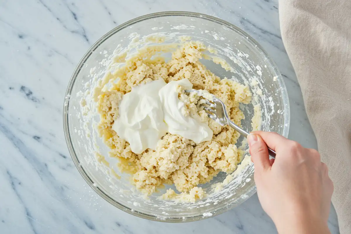 Close-up top-down view of Greek Yogurt Biscuit dough being gently mixed with a fork in a large bowl with subtle wear, showing a deliberately 'shaggy' and lumpy texture, with a natural, home-cooked feel.