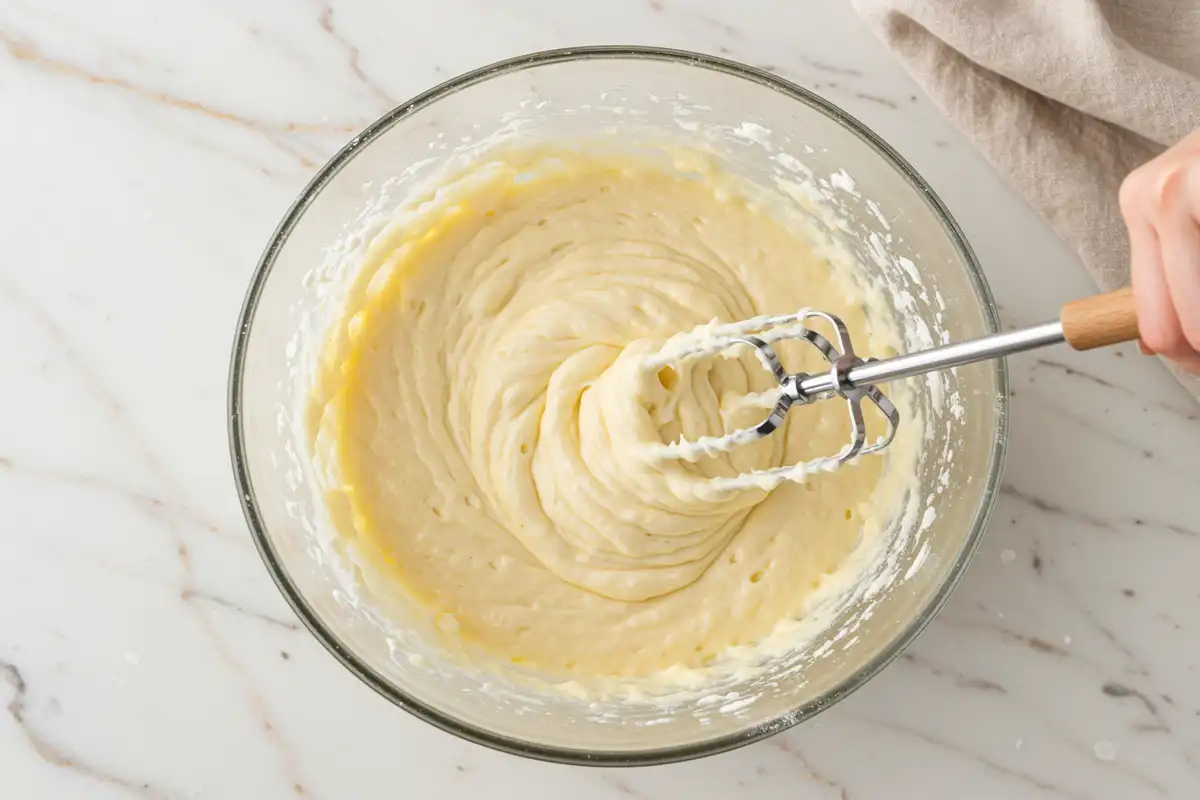 Close-up top-down view of moist Yogurt Cake batter being gently mixed in a large bowl with subtle wear, showing faint streaks of flour just combining, reflecting the 'do not overmix' instruction, with a natural, home-cooked feel.