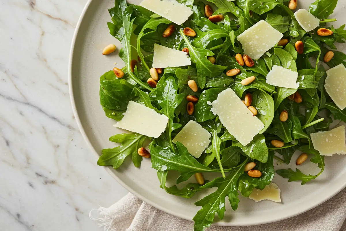 Overhead close-up of a peppery arugula salad with shaved parmesan and toasted pine nuts, lightly dressed, displayed naturally on a light marble surface with a beige cloth under soft daylight.