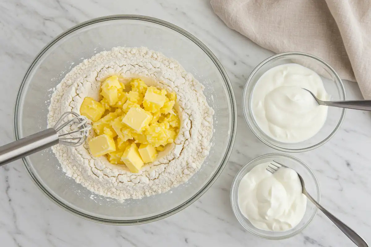 Close-up top-down view of prepped Greek Yogurt Biscuit ingredients: flour mixed with cold butter bits in a large bowl, thick Greek yogurt nearby on a light marble surface with subtle wear, looking natural and home-prepared.