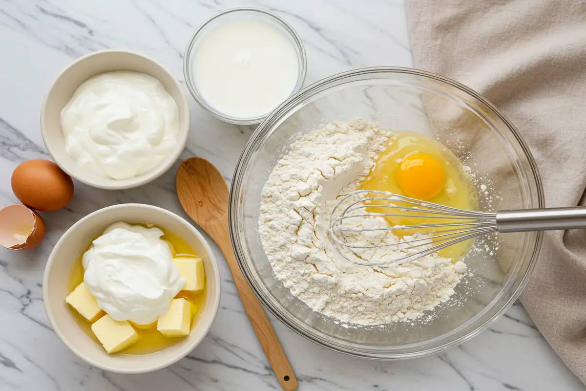 Close-up top-down view of prepped Greek Yogurt Pancake ingredients: bowls with flour mixture and wet ingredients like Greek yogurt, egg, milk on a light marble surface with subtle wear, looking natural and home-prepared.