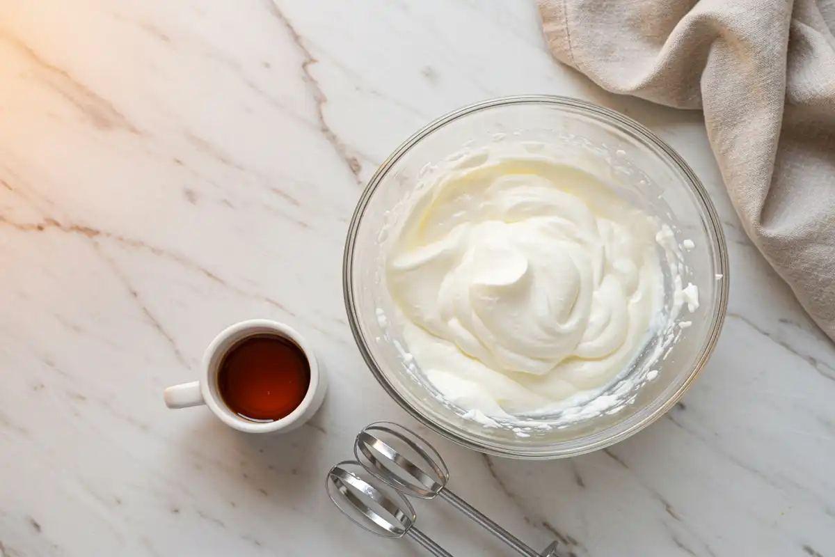 Close-up top-down view of Greek yogurt being whipped with hand mixer beaters in a bowl with subtle wear, showing the yogurt becoming light, airy, and forming soft peaks, with a natural, home-cooked feel.