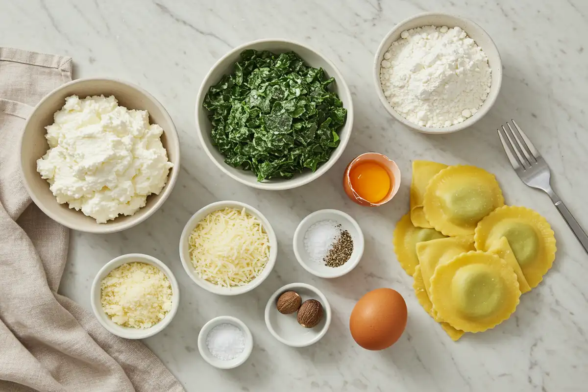 Close-up top-down view of prepped Homemade Spinach Ricotta Ravioli ingredients: mound of flour with eggs, bowl of ricotta-spinach filling, arranged on a light marble surface with subtle wear, looking natural and home-prepared.