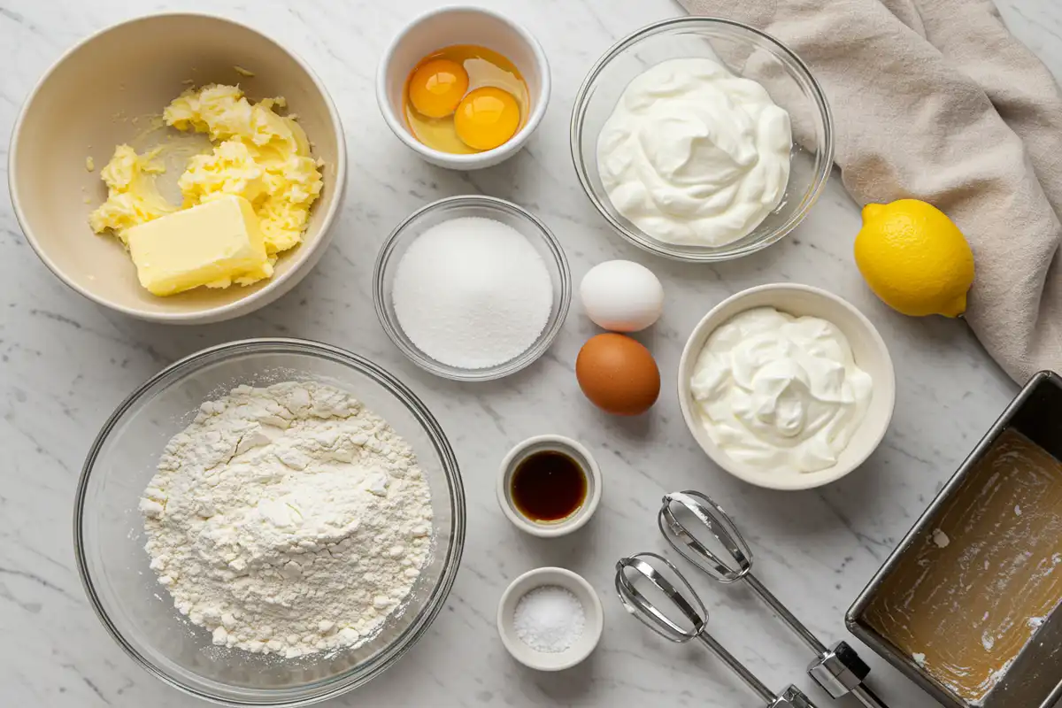 Close-up top-down view of prepped Yogurt Cake ingredients: bowls with flour mix, thick Greek yogurt, softened butter, sugar, eggs on a light marble surface with subtle wear, looking natural and home-prepared.