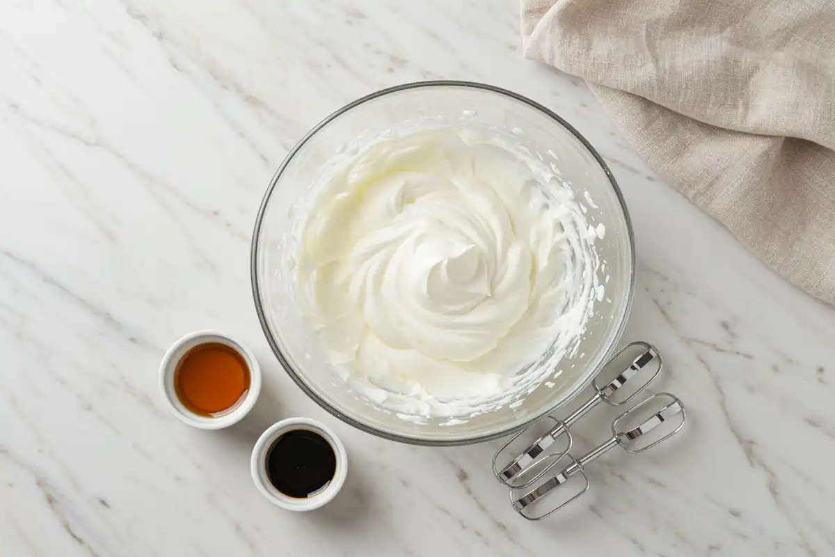 Close-up top-down view of prepped Whipped Greek Yogurt ingredients: thick plain Greek yogurt in a bowl with hand mixer beaters nearby on a light marble surface with subtle wear, looking natural and home-prepared.