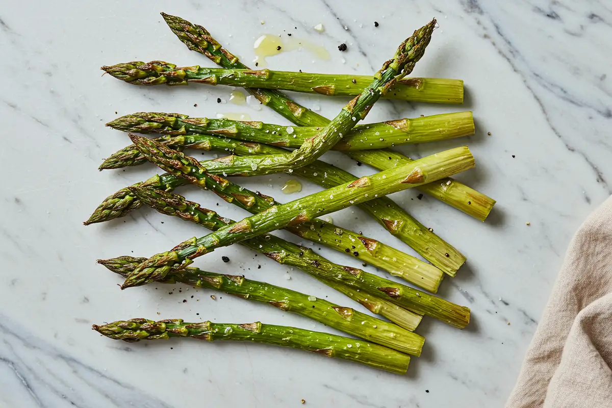 Top-down, ultra-close-up of roasted asparagus spears showing slight charring and seasoning, naturally arranged on a light marble surface with neutral cloth under soft natural light.