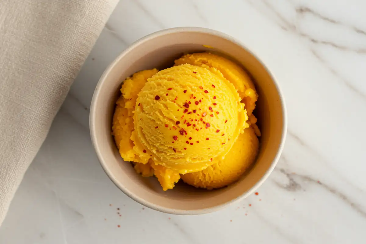 Top-down extreme close-up of a vibrant orange scoop of Mango Tajin Sorbet in a bowl, showing smooth texture with visible Tajin particles mixed in and sprinkled on top, on a marble surface.