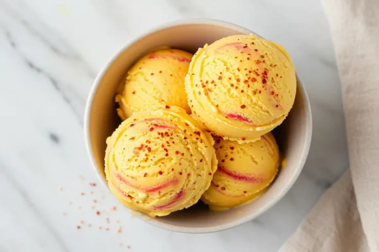 Extreme close-up overhead view of creamy mango ice cream scoops in a bowl, showing distinct Tajin swirls within and a fresh sprinkle of Tajin seasoning on top, on a light marble surface.