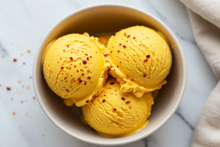 Extreme close-up overhead view of creamy, vibrant orange spicy mango ice cream scoops in a bowl, showing visible reddish spice specks throughout and a chili lime seasoning garnish on top.