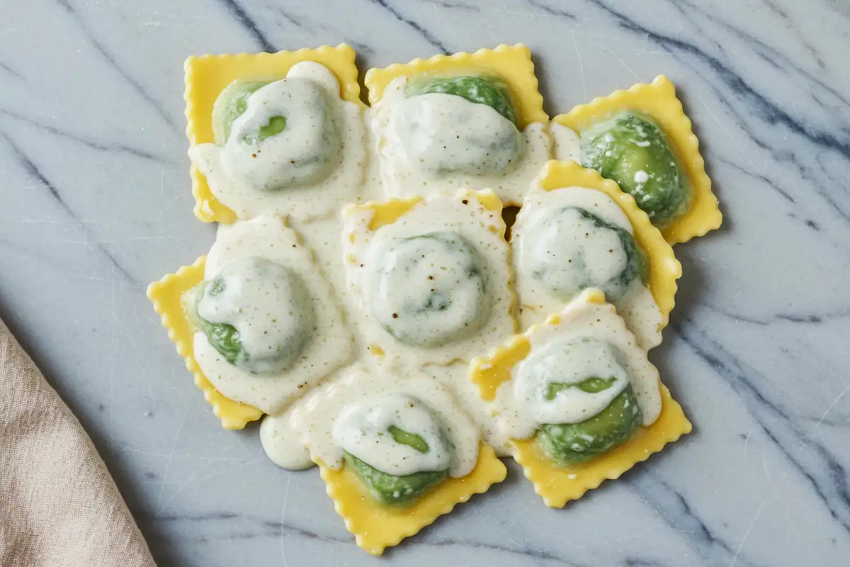 Top-down, ultra-close-up of spinach ricotta ravioli coated in a smooth, Simple Parmesan Cream sauce showing tiny nutmeg flecks, arranged naturally on a light marble surface with neutral cloth under soft warm light.