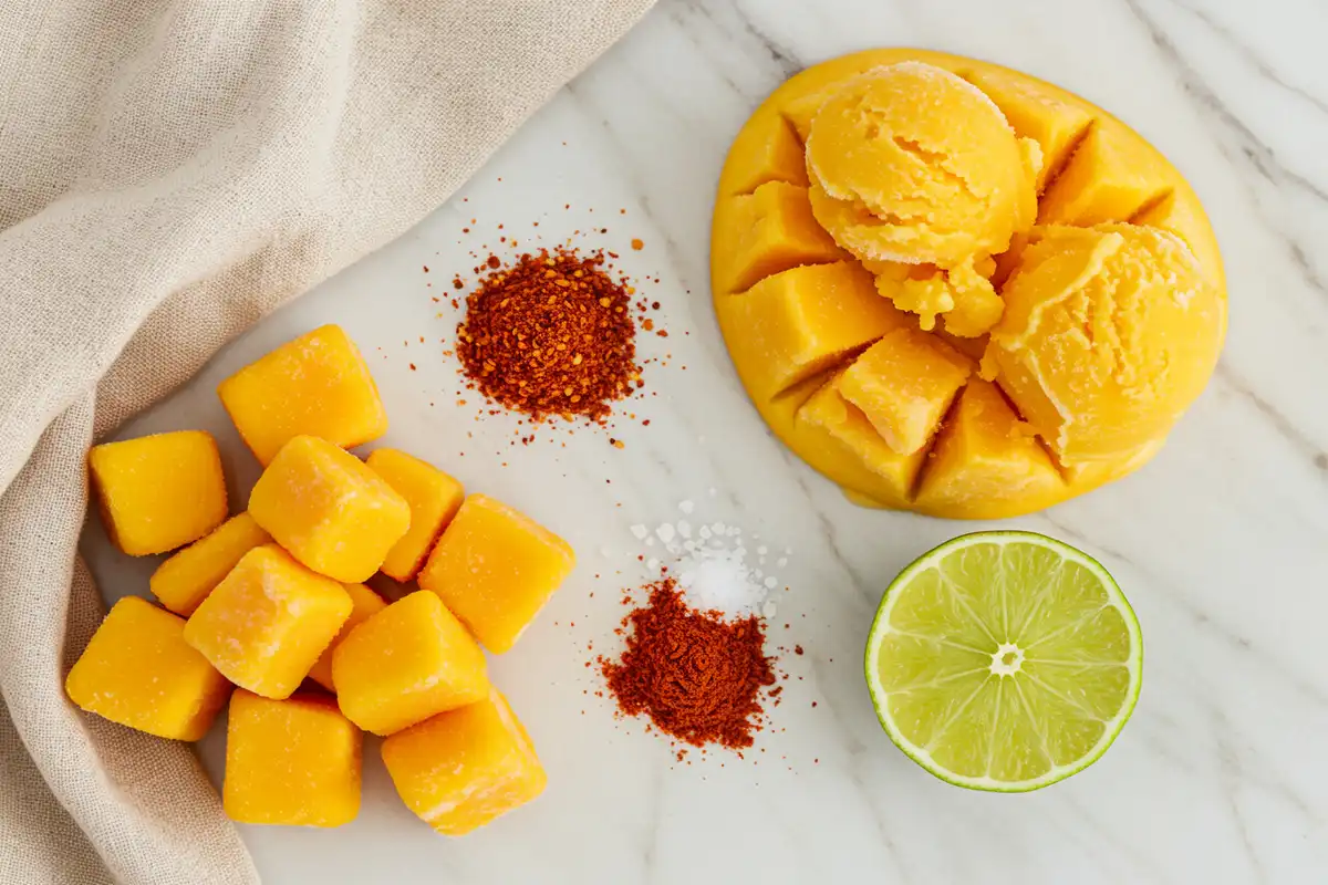 Overhead extreme close-up of spicy mango ice cream ingredients: vibrant frozen mango chunks, reddish chili lime seasoning, red cayenne pepper, and half a lime on a light marble surface with beige cloth
