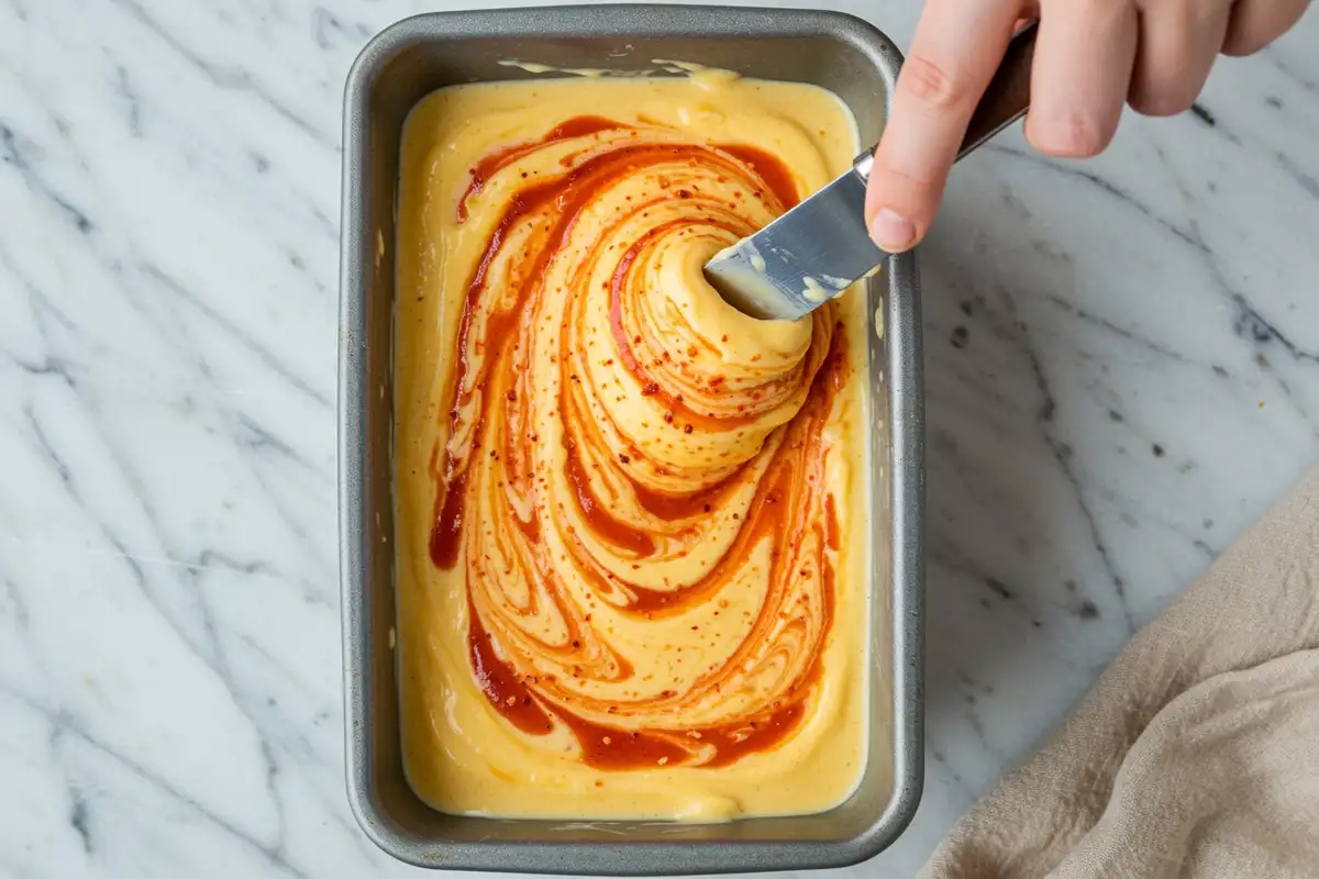 Top-down extreme close-up showing Tajin seasoning being gently swirled into a creamy mango ice cream base within a freezer container using a knife tip, creating visible reddish streaks.