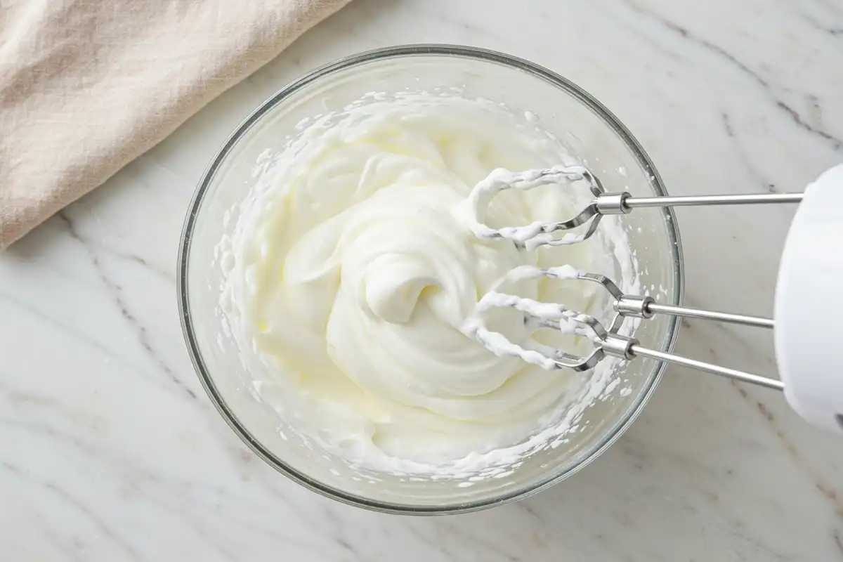 Close-up top-down view of prepped Fluffy Yogurt ingredients: thick Greek yogurt in a bowl with hand mixer beaters nearby on a light marble surface with subtle wear, looking natural and home-prepared.