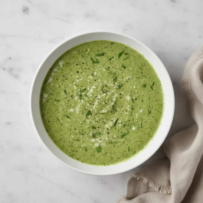 Homepage 1 Creamy green pesto cream sauce in a white ceramic bowl.