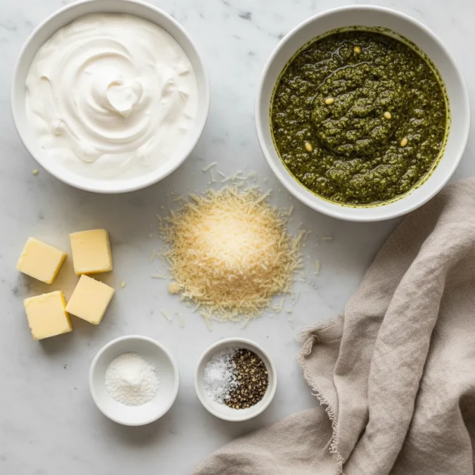 Heavy whipping cream, basil pesto, and Parmesan cheese for pesto cream sauce.