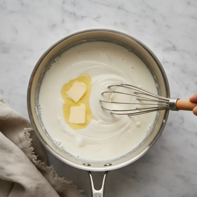 Melting butter and cream in a saucepan with a wooden whisk.
