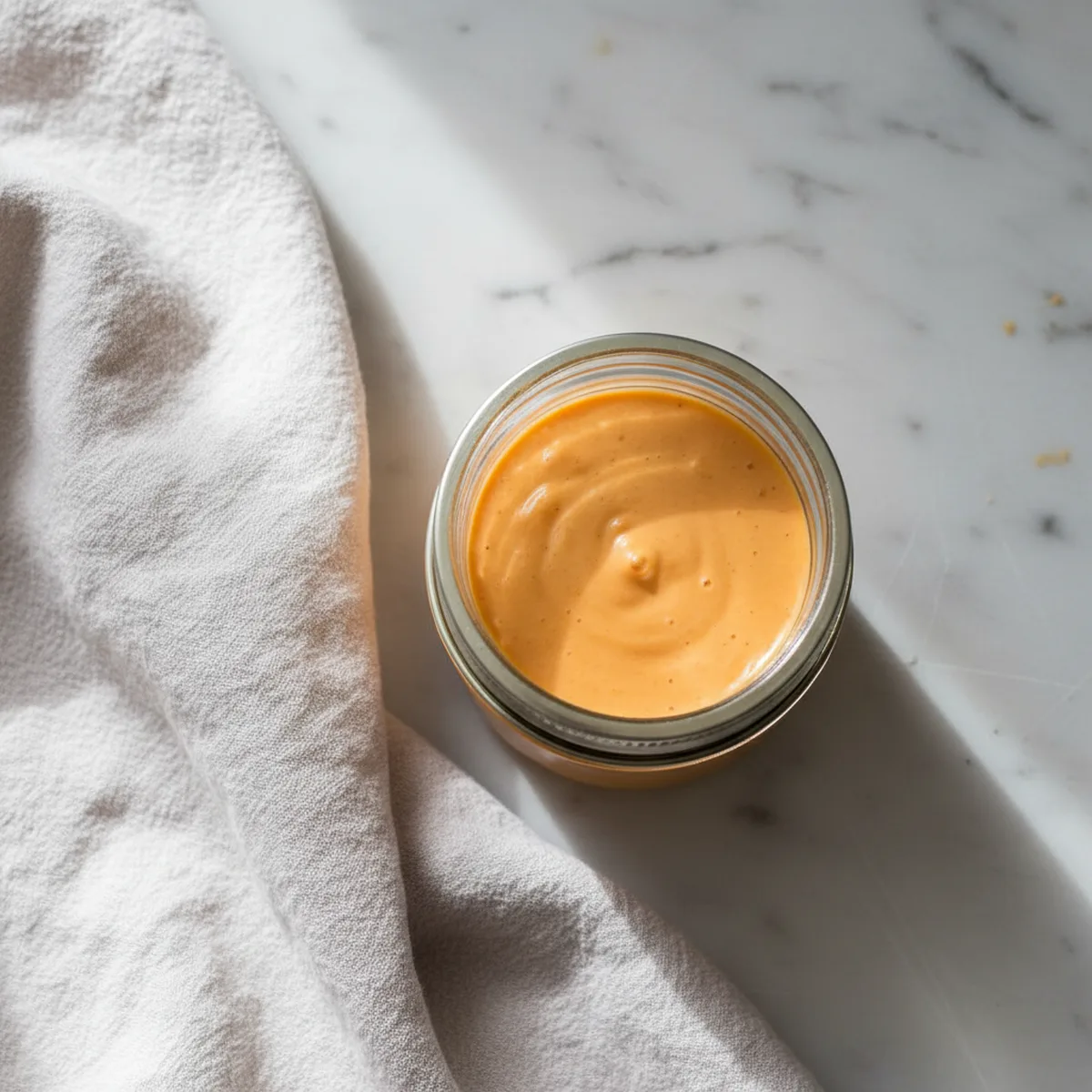 A plain glass jar filled with smooth, creamy, vibrant orange Bang Bang Sauce.