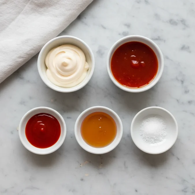 Mayonnaise, sweet chili sauce, Sriracha, and honey in small white ceramic bowls on a marble surface.