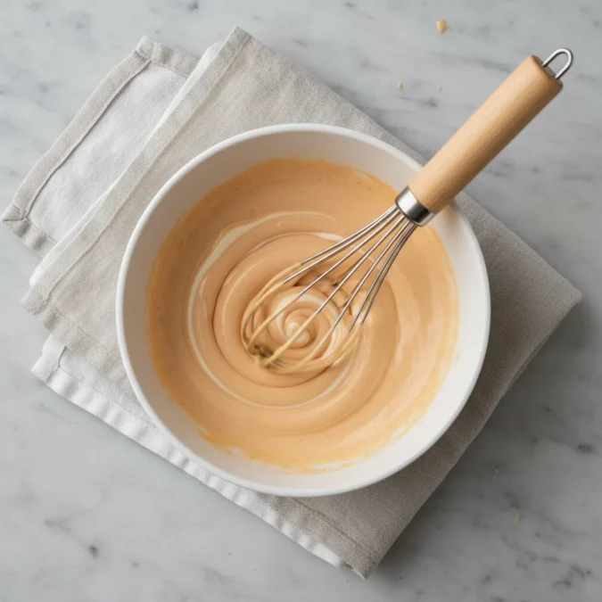 A wire whisk mixing mayonnaise, sweet chili sauce, Sriracha, and honey in a white ceramic bowl.