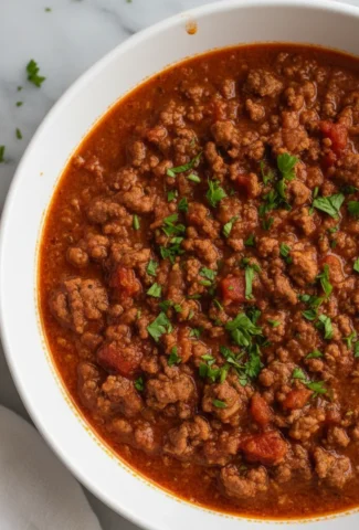 Finished meat sauce in a white ceramic bowl, garnished with fresh chopped parsley.