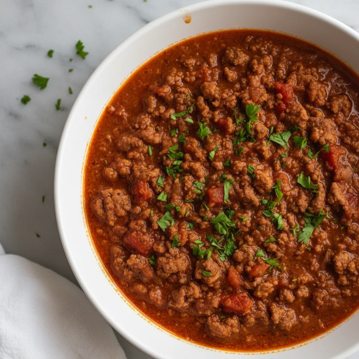 Finished meat sauce in a white ceramic bowl, garnished with fresh chopped parsley.