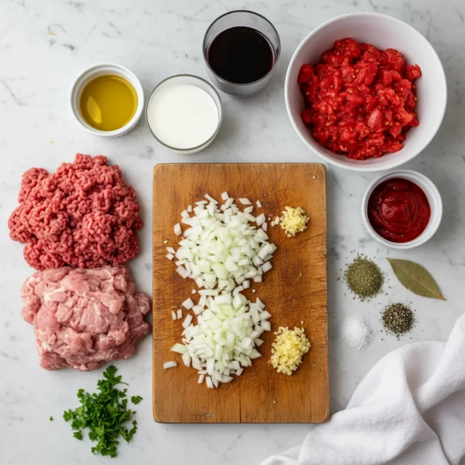 Diced onion and minced garlic on a cutting board with ground beef and pork, olive oil, and decanted crushed tomatoes.