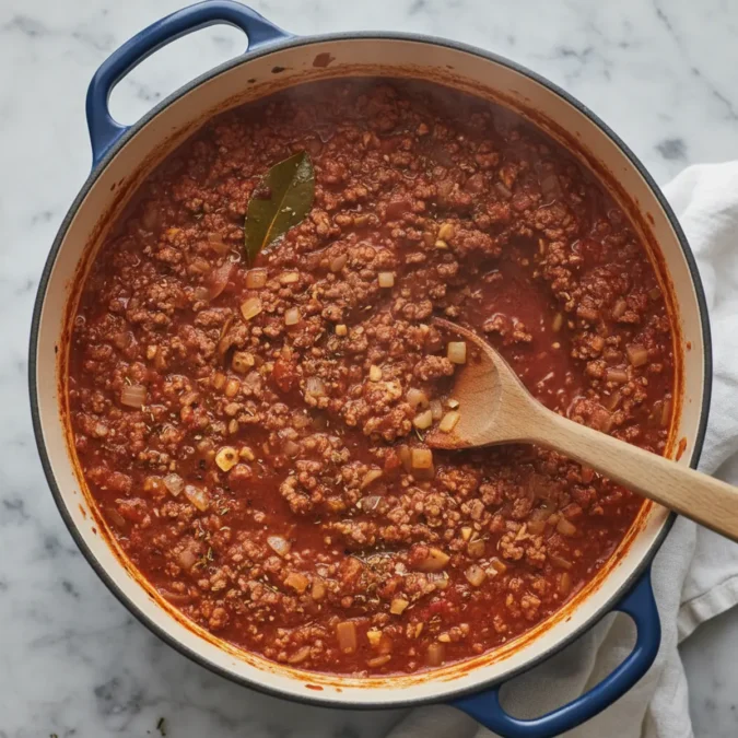 Meat sauce simmering in a dark blue Dutch oven with a wooden spoon.