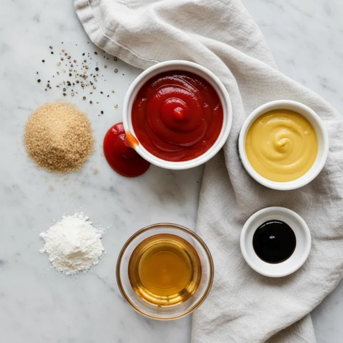 Best Meatloaf Sauce Recipe (Sweet & Tangy Glaze) 1 Meatloaf sauce ingredients: ketchup, brown sugar, yellow mustard, apple cider vinegar, Worcestershire sauce, garlic powder, black pepper.