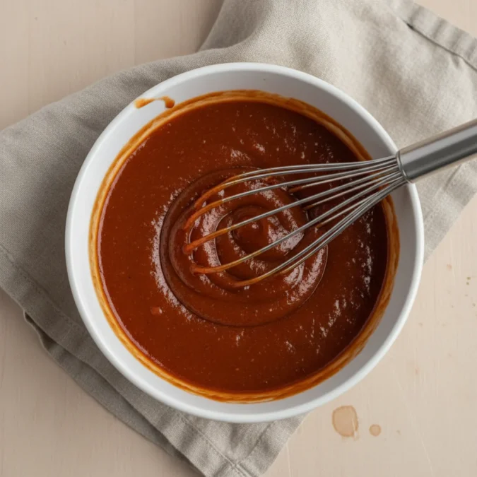 Best Meatloaf Sauce Recipe (Sweet & Tangy Glaze) 2 Whisking sweet and tangy meatloaf sauce in a white ceramic bowl.