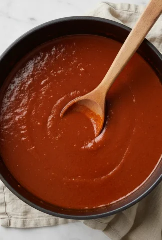 Rich, dark red birria sauce in a plain ceramic pot with a wooden spoon.