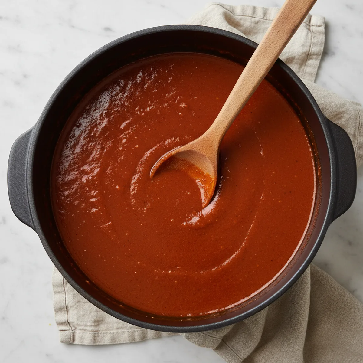 Rich, dark red birria sauce in a plain ceramic pot with a wooden spoon.
