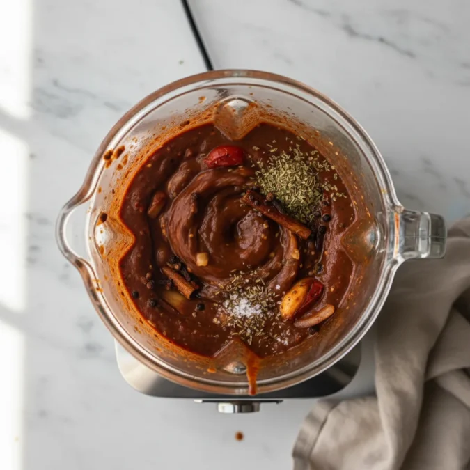 Rich red birria sauce ingredients blending in a plain blender jar.