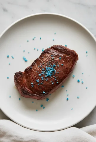 Medium-rare steak on a white plate, garnished with vivid blue salt crystals.