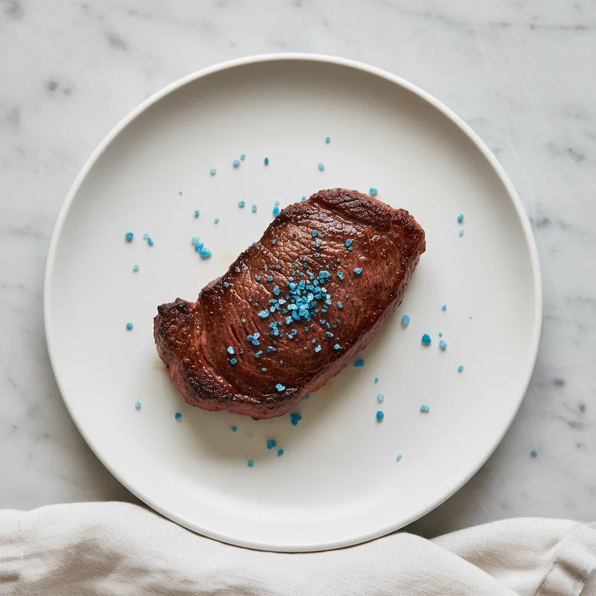 Medium-rare steak on a white plate, garnished with vivid blue salt crystals.
