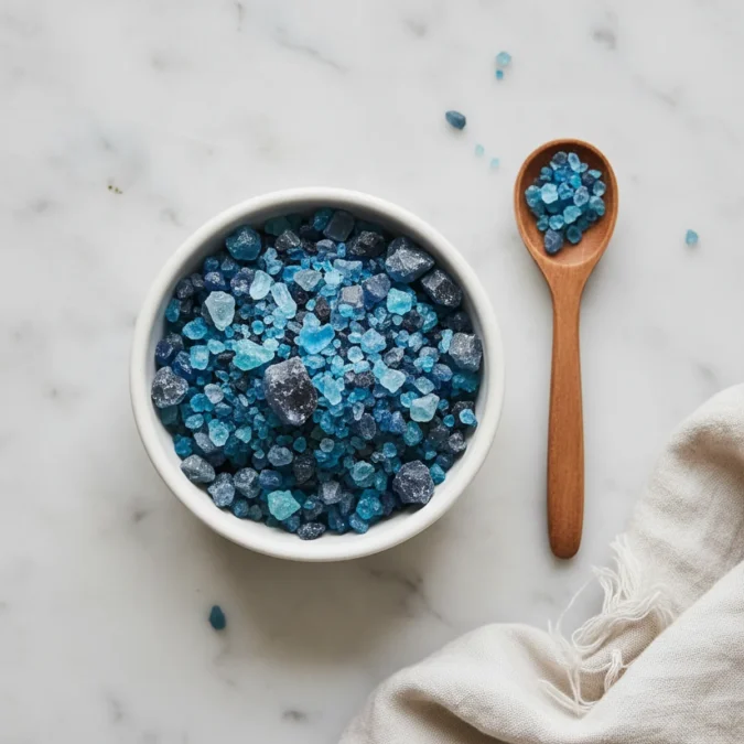 Coarse Persian blue salt crystals in a white ceramic pinch bowl with a wooden spoon.