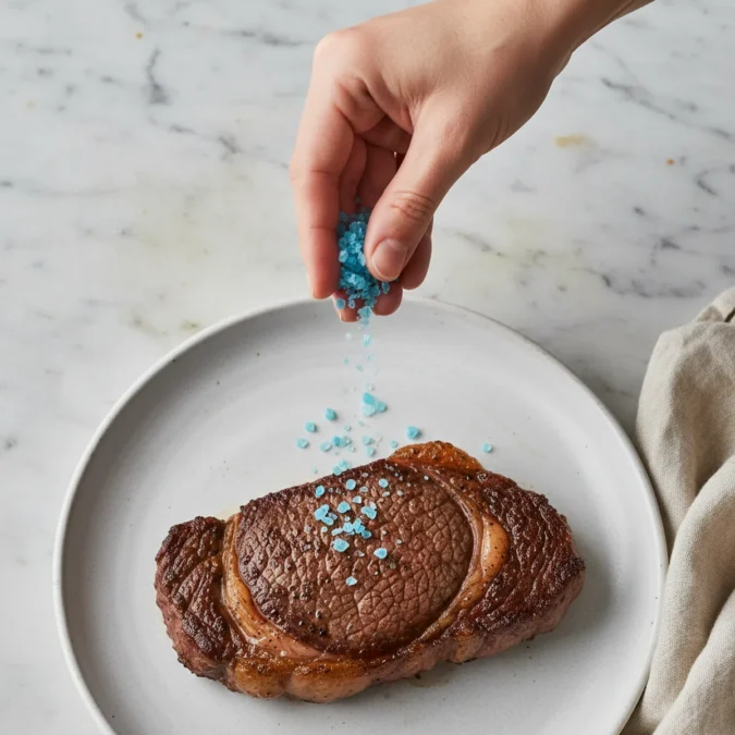 Hand sprinkling blue salt crystals over a steak on a white plate.