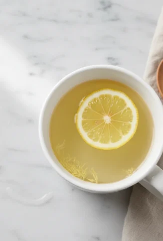 Warm lemon-ginger drink with a lemon slice in a white ceramic mug.