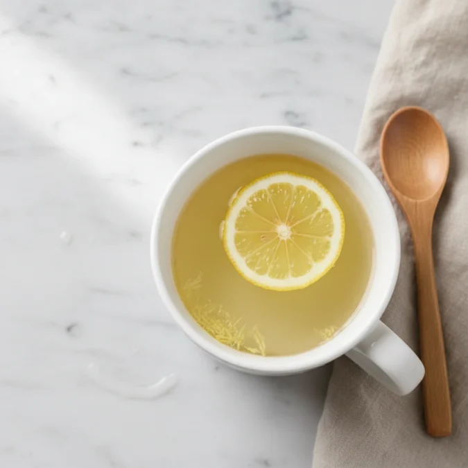 Homepage 7 Warm lemon-ginger drink with a lemon slice in a white ceramic mug.