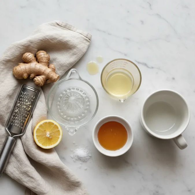 Fresh ginger, half a lemon, honey, and apple cider vinegar on a marble surface.